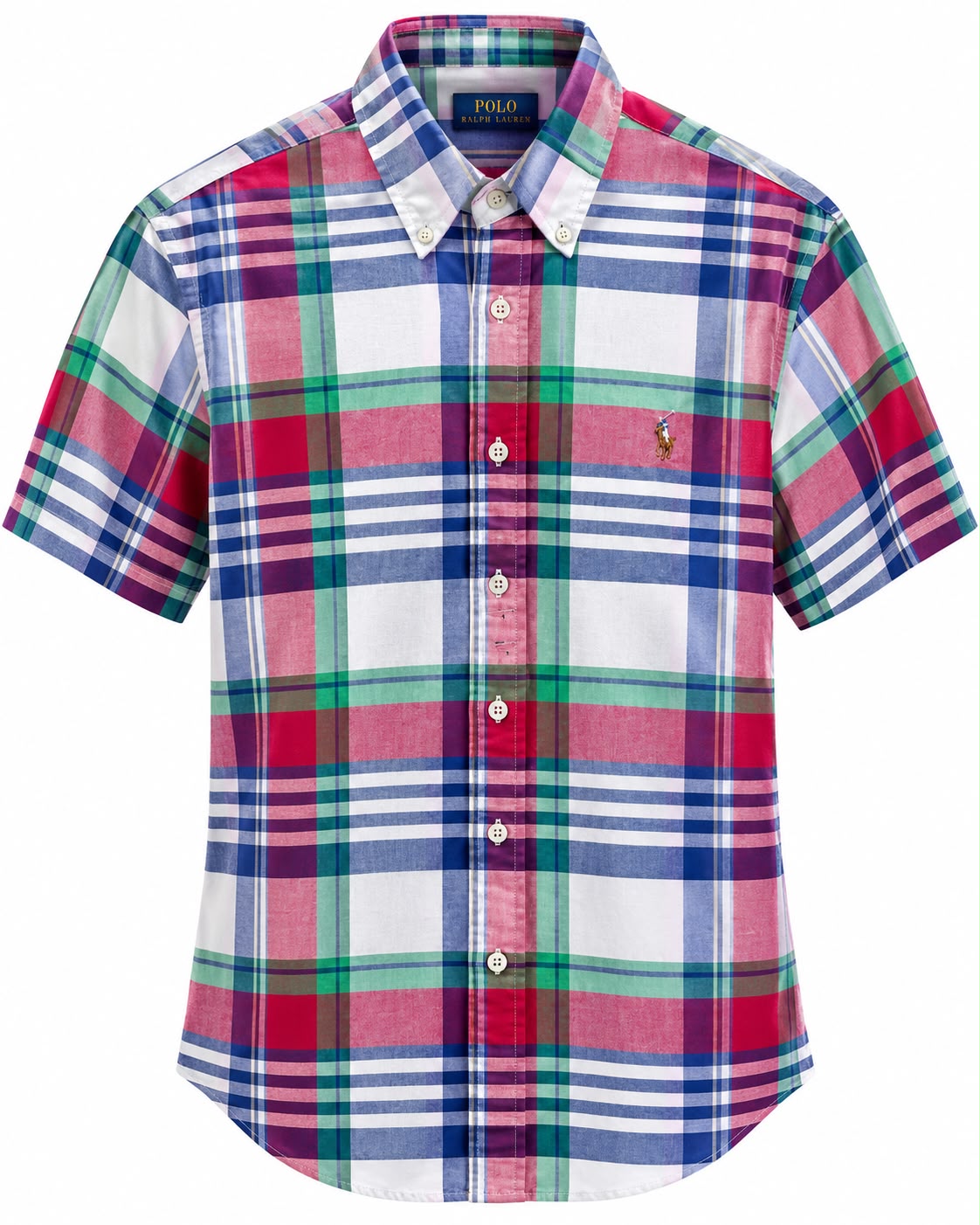 CAMISA PRL 710886 CLASSIC FIT MANGA CORTA CUADROS BLANCOS GRANDES FRANJA VERDE, AZUL Y ROJO S