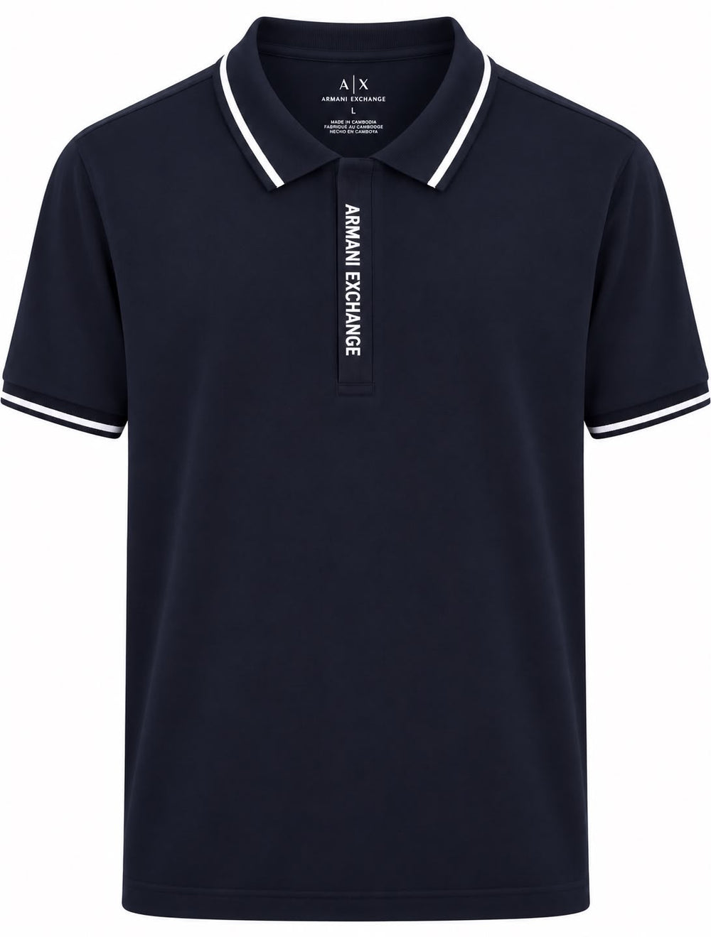 PLAYERA CABALLERO ARMANI EXCHANGE POLO AZUL NAVI, CIPER CON LOGO BLANCO Y LINEA EN EL CUELLO