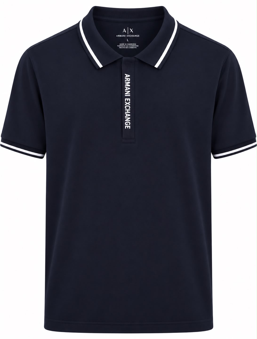 PLAYERA CABALLERO ARMANI EXCHANGE POLO AZUL NAVI, CIPER CON LOGO BLANCO Y LINEA EN EL CUELLO