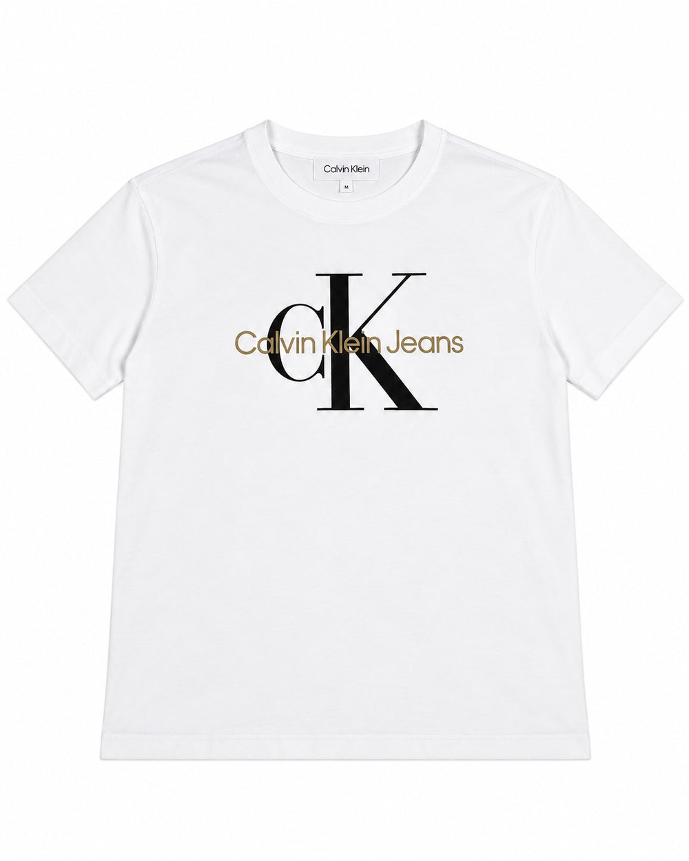PLAYERA CABALLERO CALVIN KLEIN CUELLO REDONDO BLANCO LOGO CK NEGRO CON DORADO L