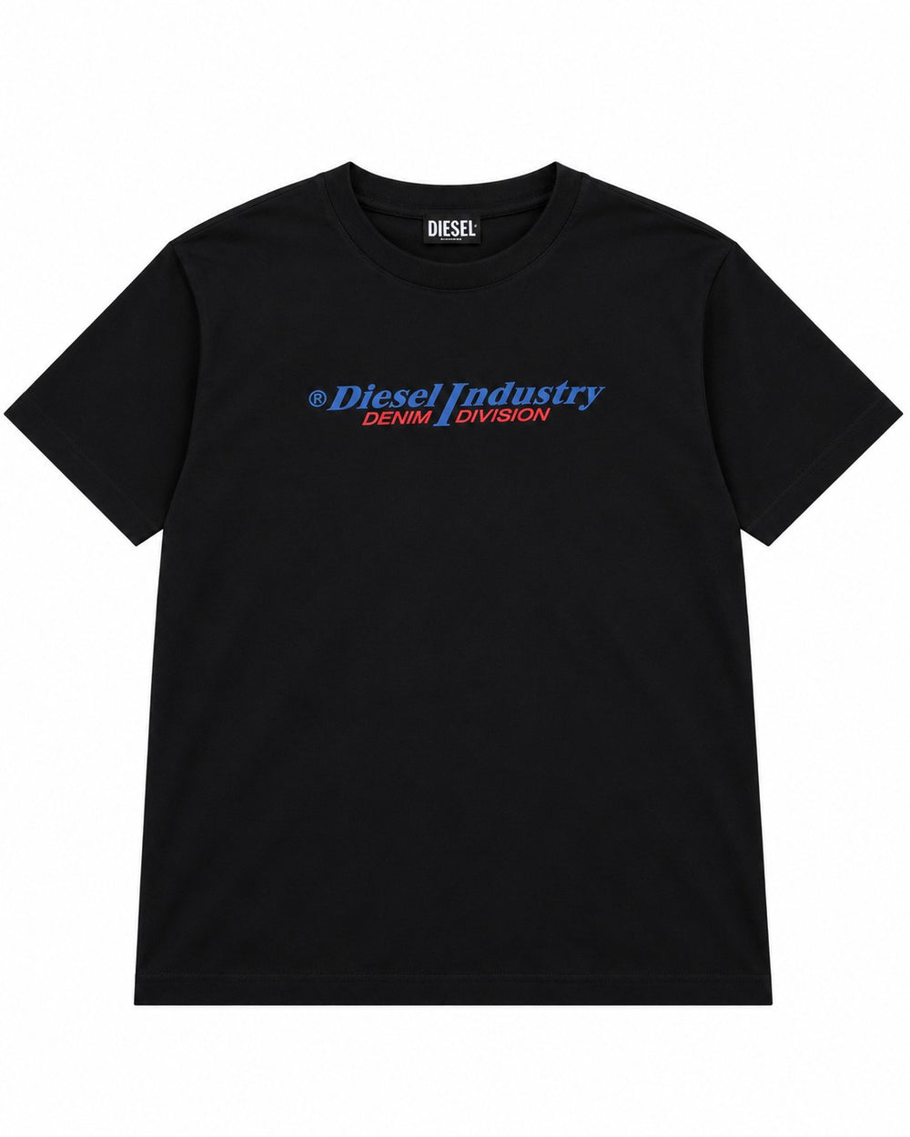 PLAYERA CABALLERO DIESEL CUELLO REDONDO NEGRO LOGO 3D AZUL DIESEL CON DENIM ROJO M