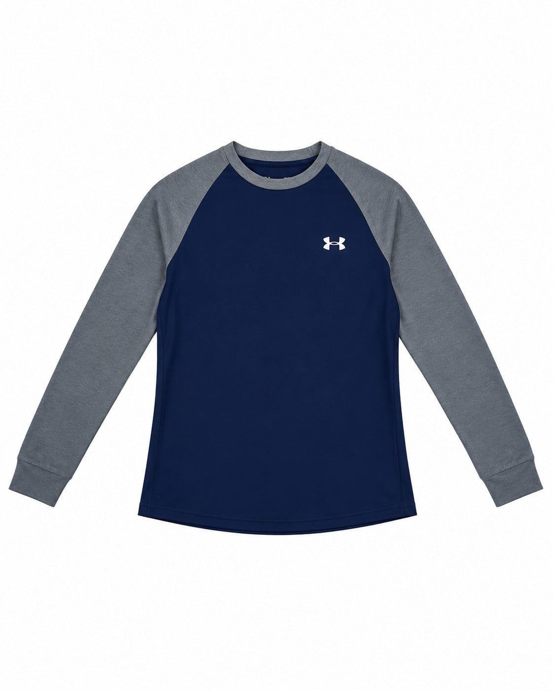 PLAYERA CABALLERO UNDER ARMOUR CUELLO REDONDO MANGA LARGA MOD2 GRIS AZUL