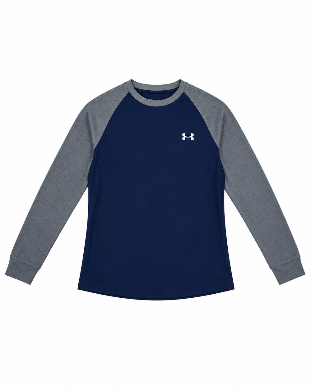 PLAYERA CABALLERO UNDER ARMOUR CUELLO REDONDO MANGA LARGA MOD2 GRIS AZUL