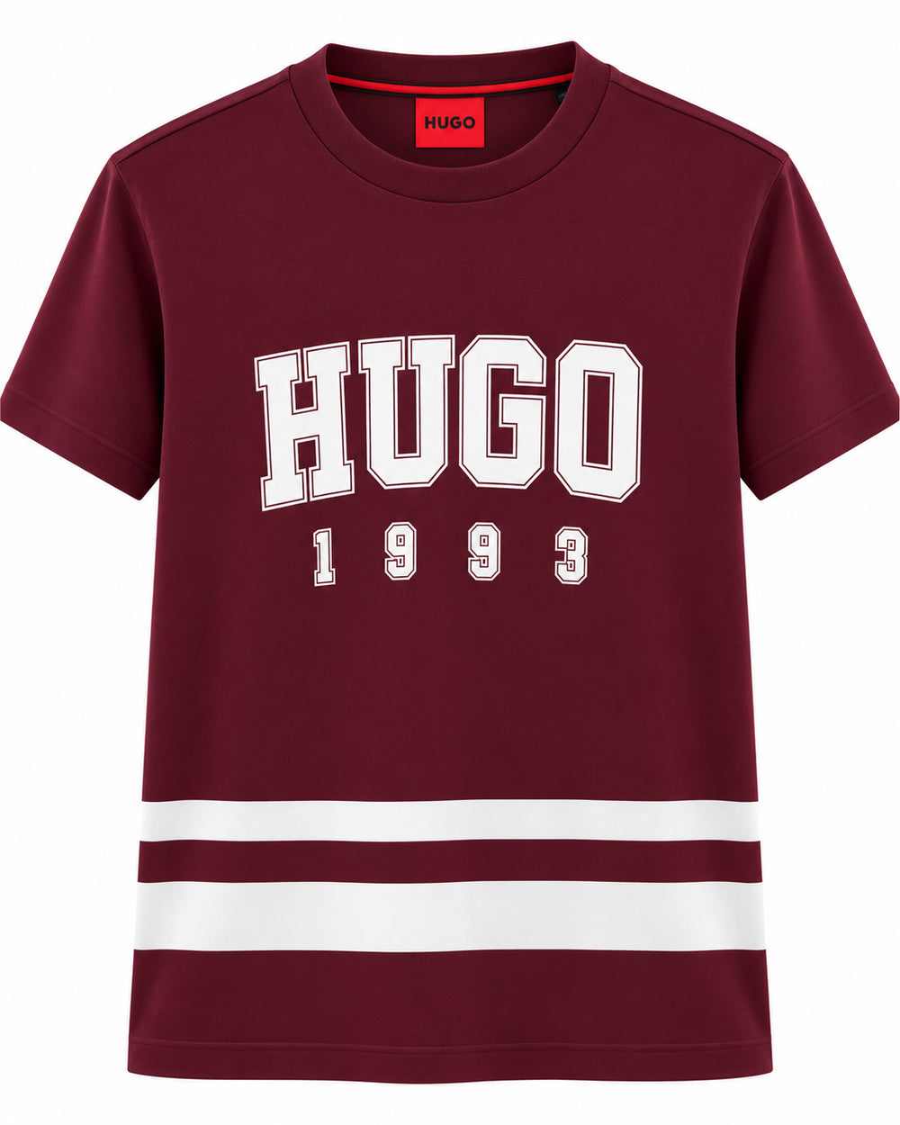 PLAYERA CABALLERO HUGO BOSS CUELLO REDONDO TINTO LOGO BLANCO HUGO 1993 Y FRANJAS BLANCAS L