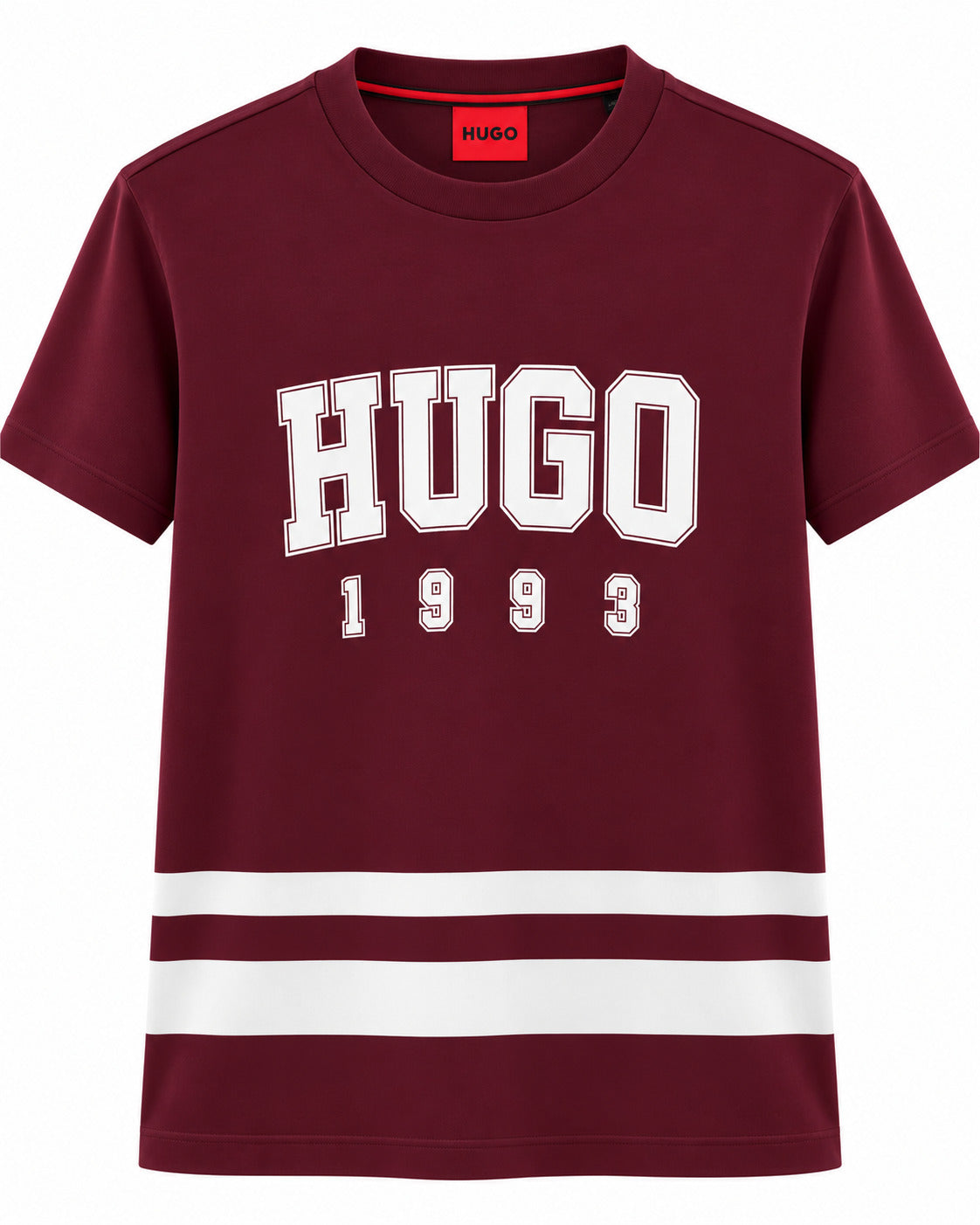 PLAYERA CABALLERO HUGO BOSS CUELLO REDONDO TINTO LOGO BLANCO HUGO 1993 Y FRANJAS BLANCAS L