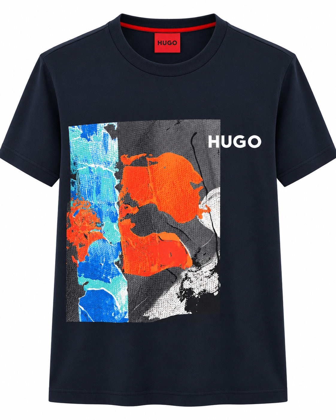 PLAYERA CABALLERO HUGO BOSS CUELLO REDONDO AZUL NAVY CUADRO MANCHAS AZULES, ROJOS, NEGRAS L