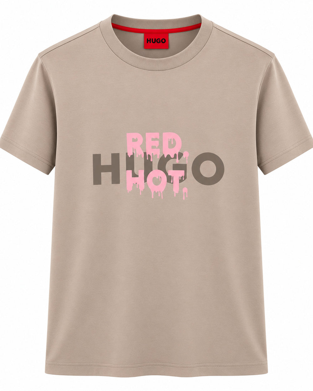 PLAYERA CABALLERO HUGO BOSS CUELLO REDONDO GRIS CLARO LOGO RED HUGO HOT VERDE CON ROSITA M