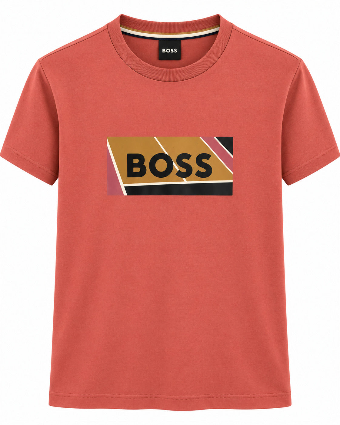 PLAYERA CABALLERO HUGO BOSS CUELLO REDONDO ROJO CLARO LOGO BOSS MARGEN CAFÉ, CAFÉ, ROJO S