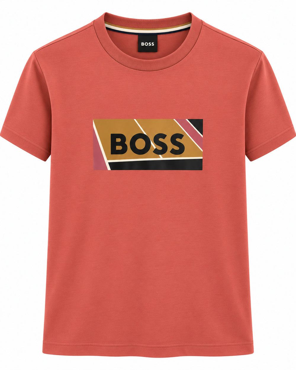 PLAYERA CABALLERO HUGO BOSS CUELLO REDONDO ROJO CLARO LOGO BOSS MARGEN CAFÉ, CAFÉ, ROJO S