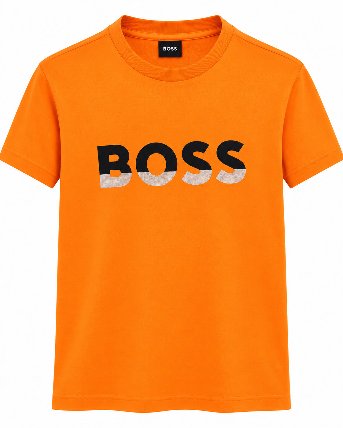 PLAYERA CABALLERO HUGO BOSS CUELLO REDONDO NARANJA LOGO BOSS LETRAS NEGRA, BLANCO M