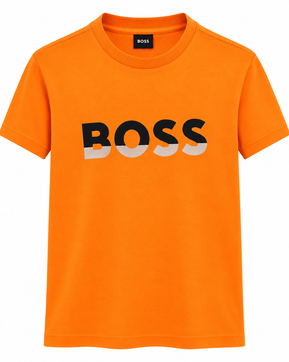 PLAYERA CABALLERO HUGO BOSS CUELLO REDONDO NARANJA LOGO BOSS LETRAS NEGRA, BLANCO M