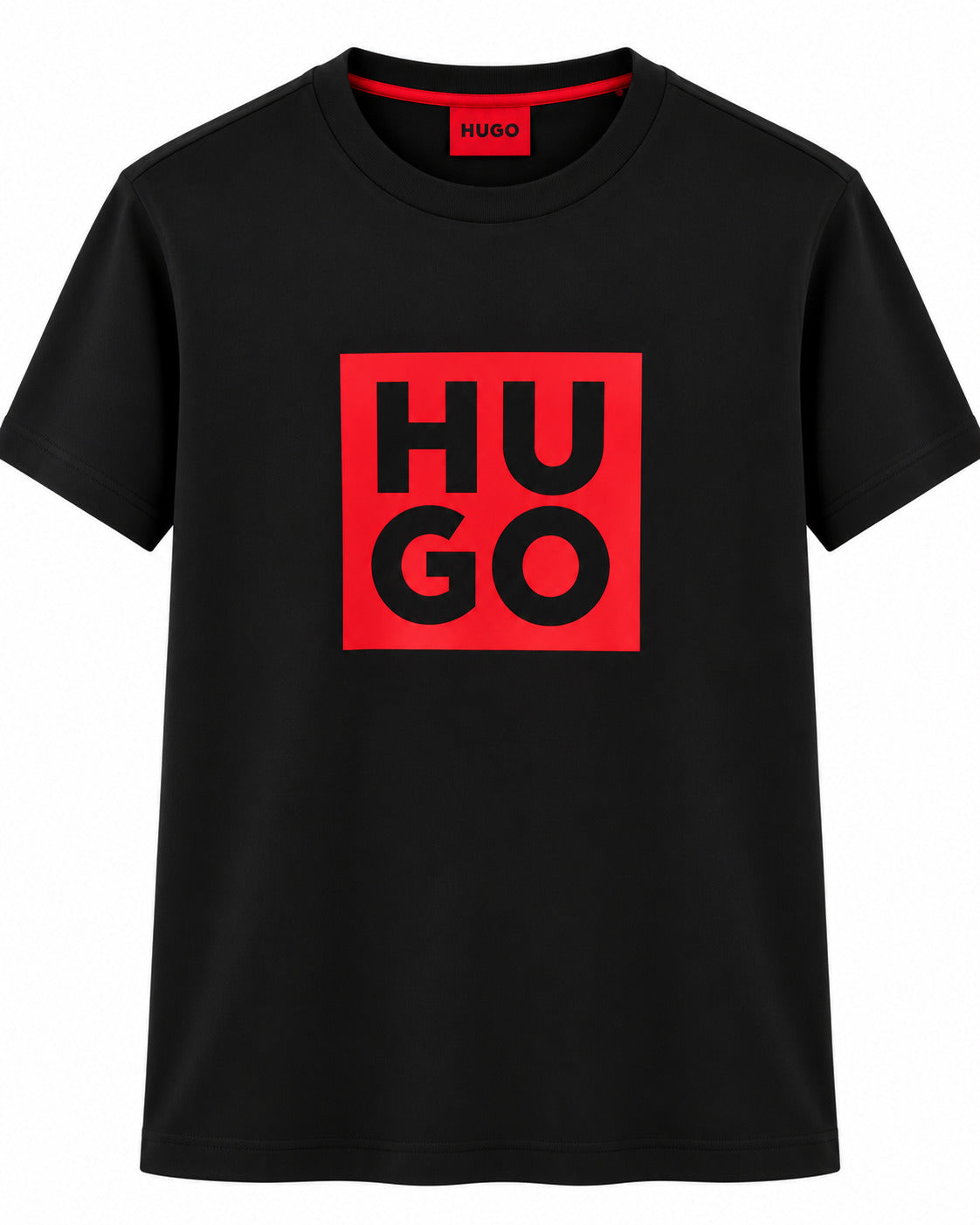 PLAYERA CABALLERO HUGO BOSS CUELLO REDONDO NEGRO LOGO HUGO MARGEN CUADRADO ROJO L