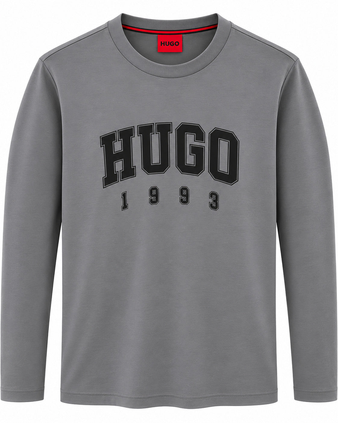 PLAYERA CABALLERO HUGO BOSS CUELLO REDONDO MANGA LARGA GRIS LOGO HUGO 1993 NEGRO