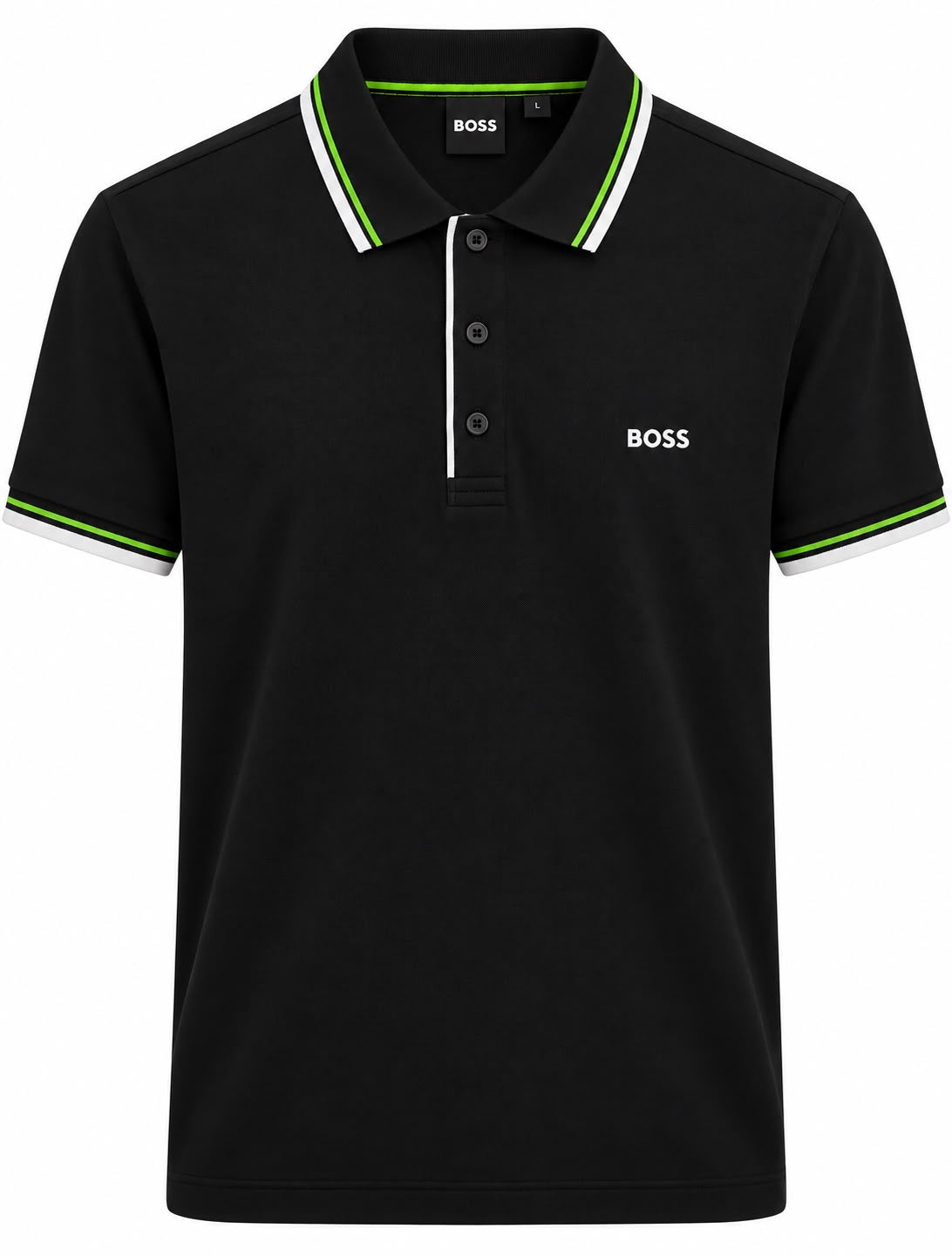 PLAYERA CABALLERO HUGO BOSS T POLO NEGRO BOTONES MONOG CUELLO/FRANJA BLANCO/VERDE S