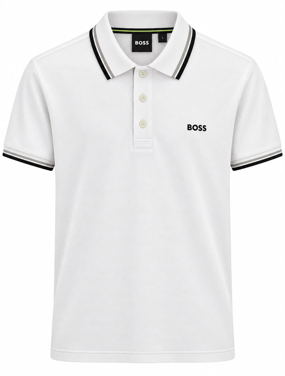 PLAYERA CABALLERO HUGO BOSS T POLO BLANCO BOTONES MONOG CUELLO/FRANJA NEGRO/GRIS M