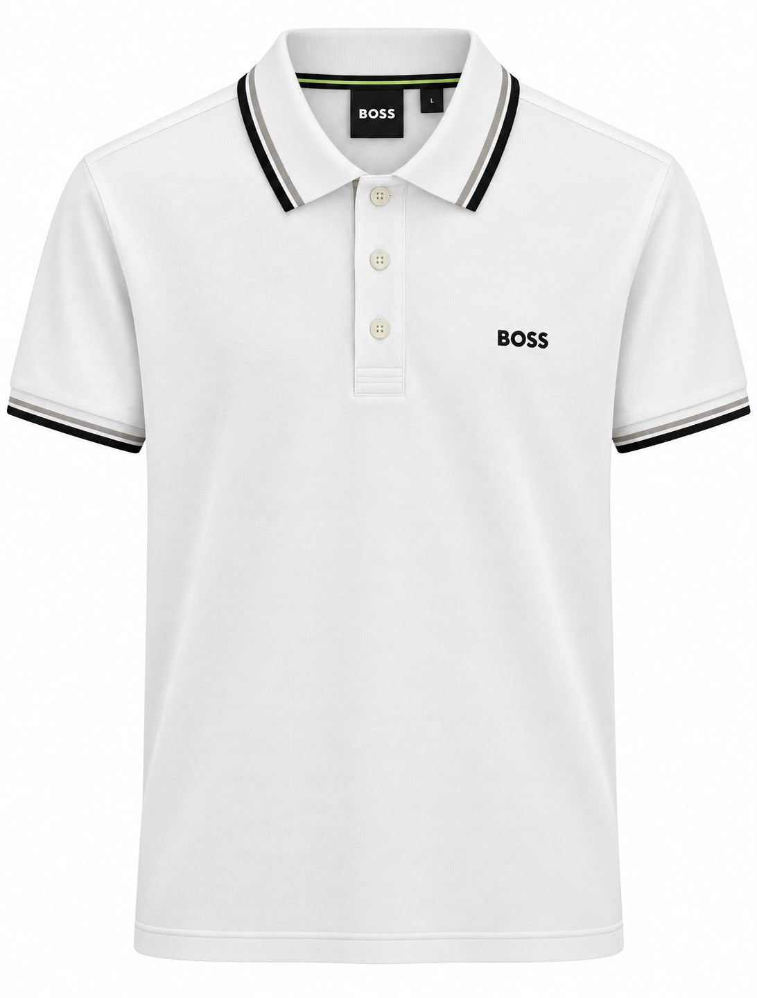 PLAYERA CABALLERO HUGO BOSS T POLO BLANCO BOTONES MONOG CUELLO/FRANJA NEGRO/GRIS M