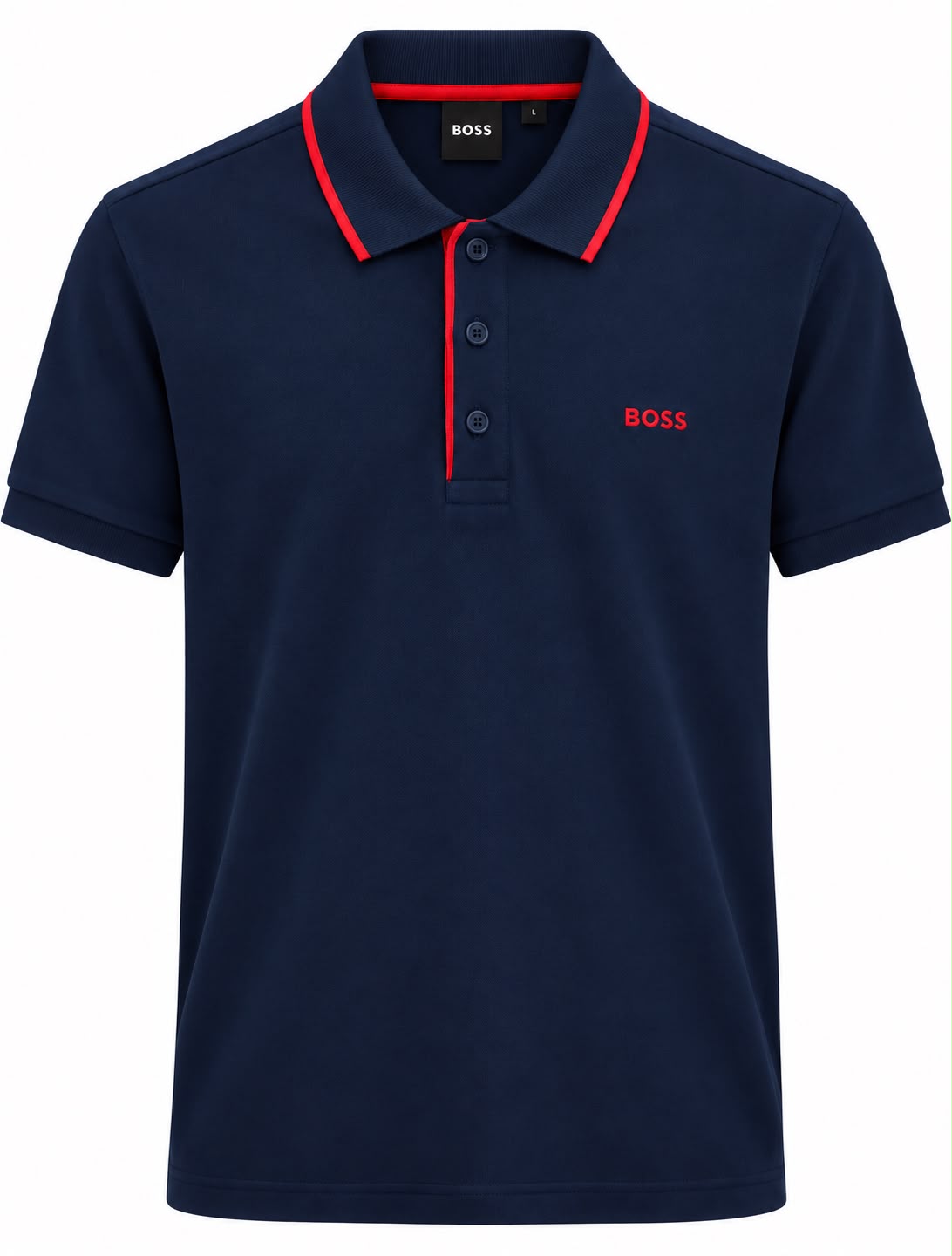 PLAYERA CABALLERO HUGO BOSS T POLO AZUL NAVY BOTONES MONOG FRANJA CUELLO ROJO M