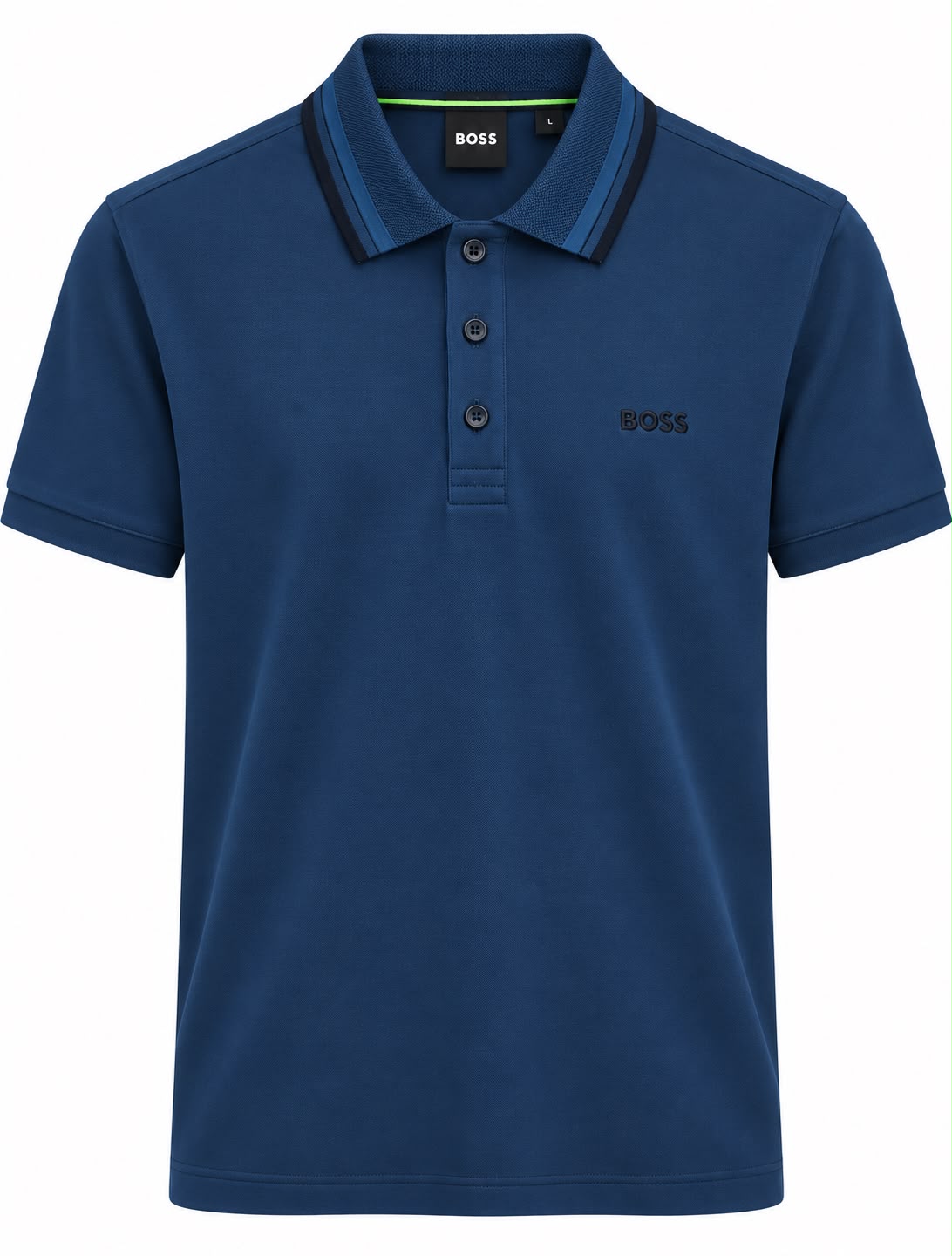 PLAYERA CABALLERO HUGO BOSS T POLO AZUL NAVY REGU FIT STRECH BOTONES MONOG CUELLO FRANJA AZUL OSCURO M