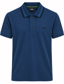 PLAYERA CABALLERO HUGO BOSS T POLO AZUL NAVY REGU FIT STRECH BOTONES MONOG CUELLO FRANJA AZUL OSCURO