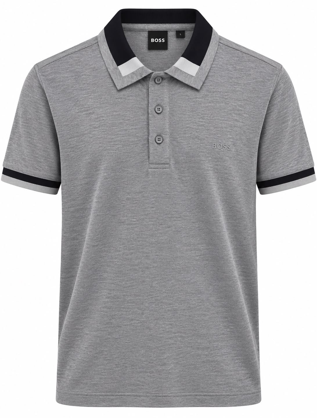 PLAYERA CABALLERO HUGO BOSS T POLO GRIS SLIM FIT MERCERISED BOTONES MONOG CUELLO/MANGA NEG/BLAN XXL
