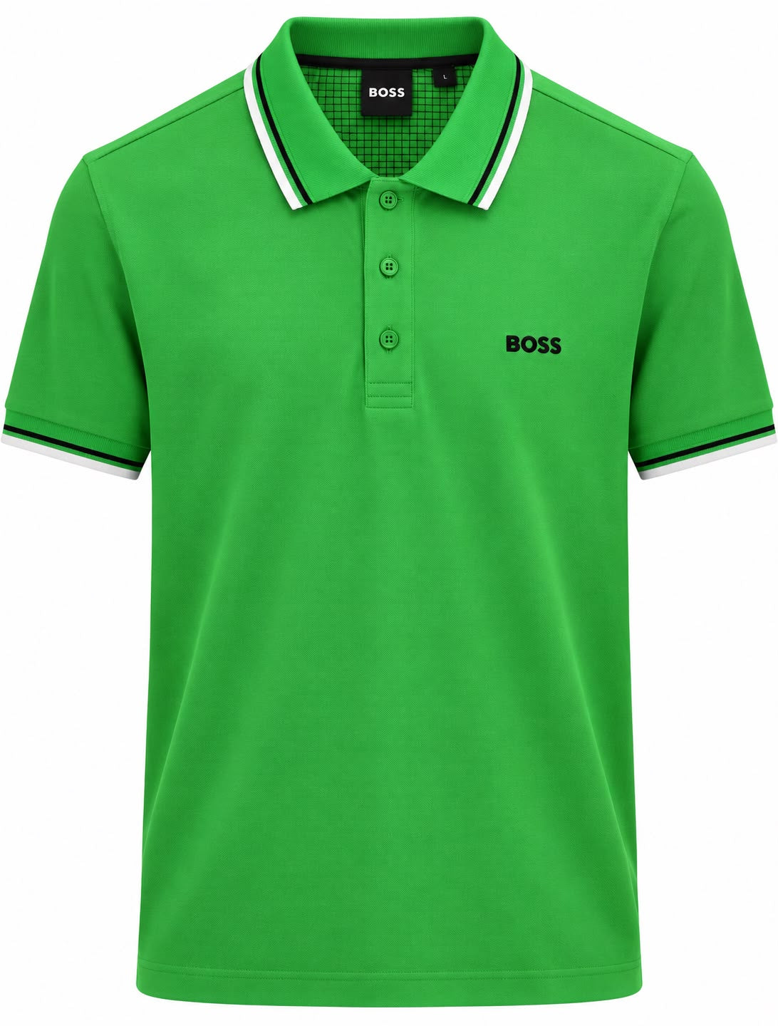 PLAYERA CABALLERO HUGO BOSS T POLO VERDE VIVO BOTONES MONOG FRANJA CUELLO/MANGA NEGRO/BLANCO L