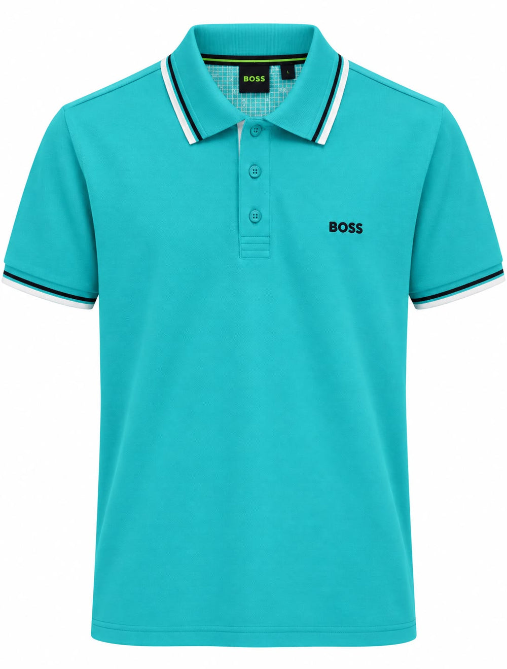 PLAYERA CABALLERO HUGO BOSS T POLO AZUL TURQUESA BOT MONOG CUELLO Y MANGAS BLANCO/NEGRO L