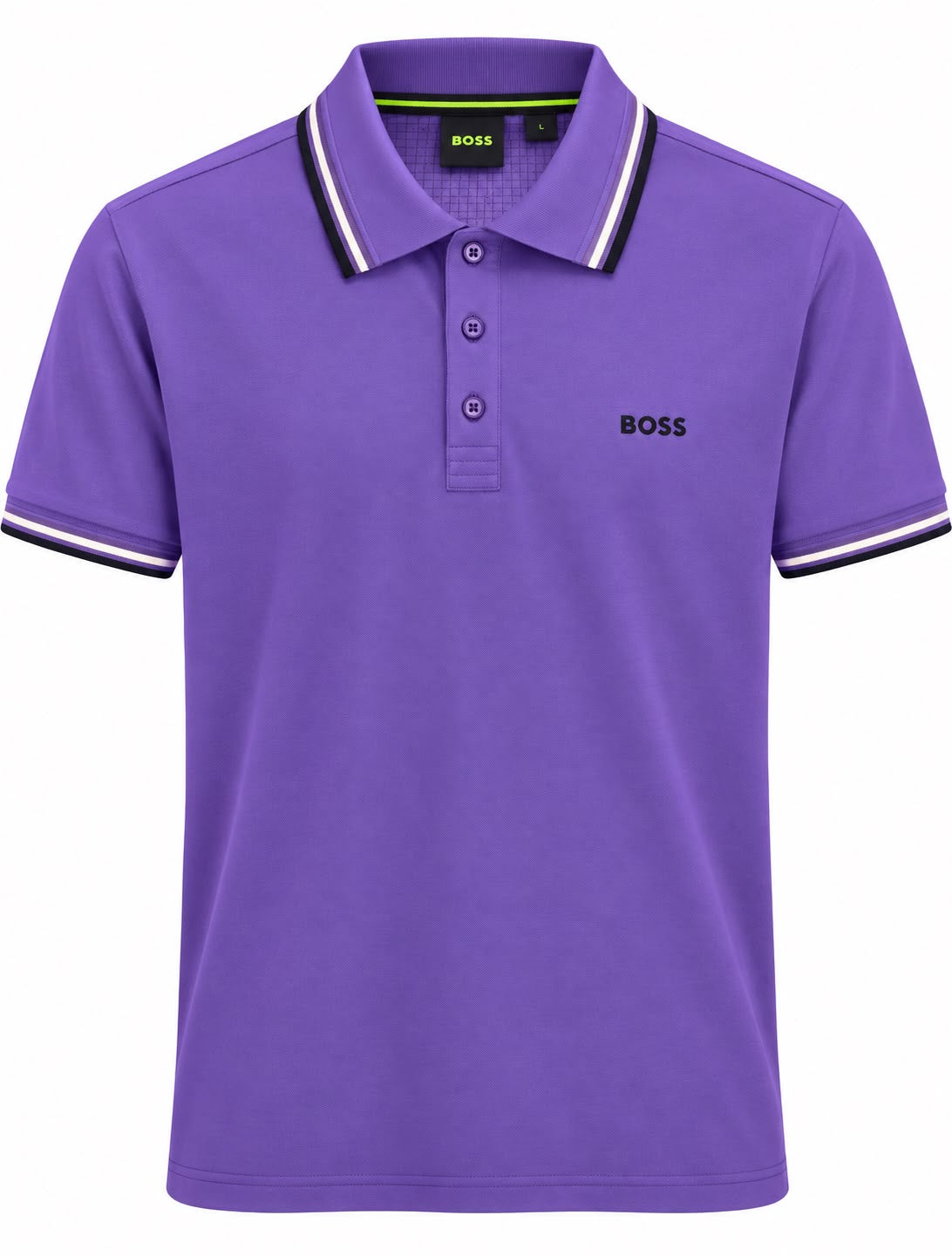 PLAYERA CABALLERO HUGO BOSS T POLO MORADO BOTONES MONOG FRANJA CUELLO/MANGA NEGRA/BLANCO M