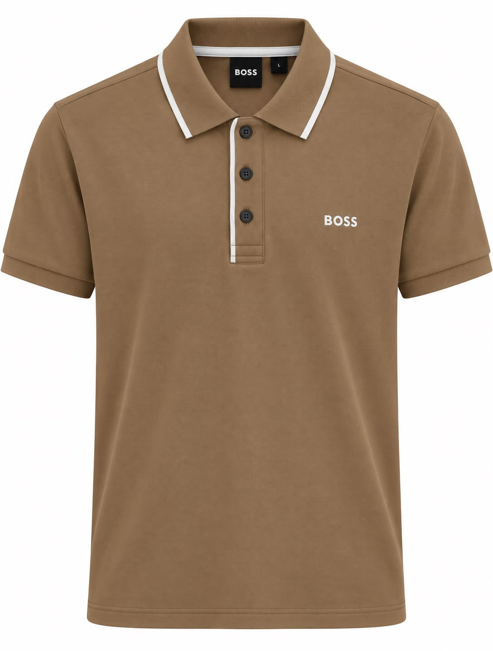 PLAYERA CABALLERO HUGO BOSS T POLO CAFÉ CON FRANJA BLANCA CUELLO M
