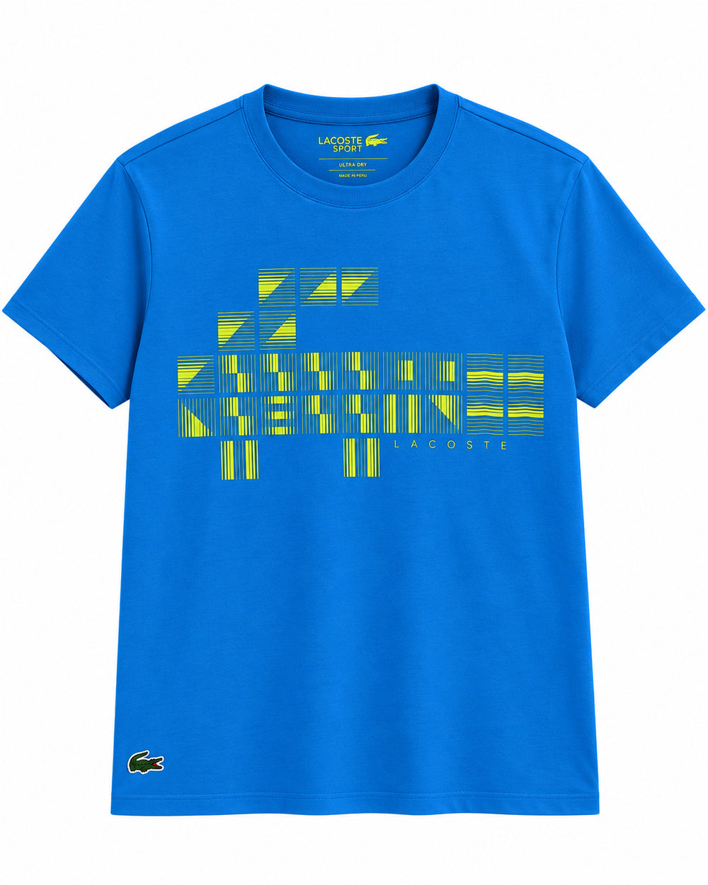 PLAYERA CABALLERO LACOSTE CUELLO REDONDO AZUL VIVO CON RAYAS VERDE NEON TH932051 4XA L