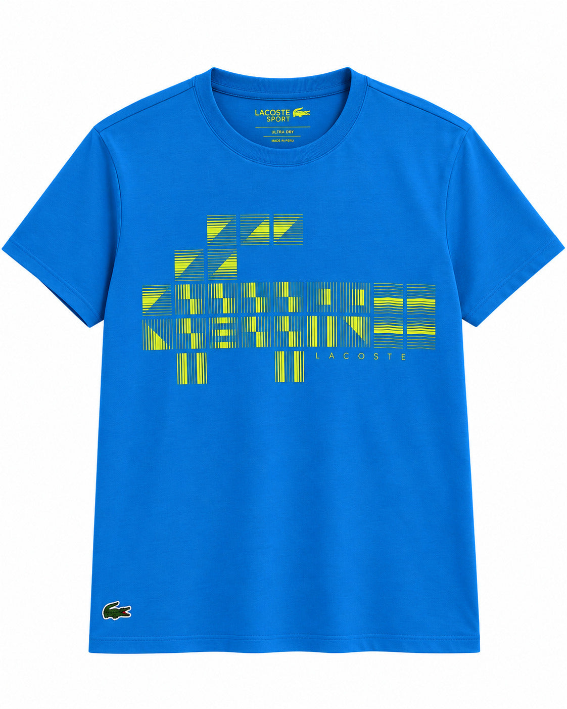 PLAYERA CABALLERO LACOSTE CUELLO REDONDO AZUL VIVO CON RAYAS VERDE NEON TH932051 4XA L