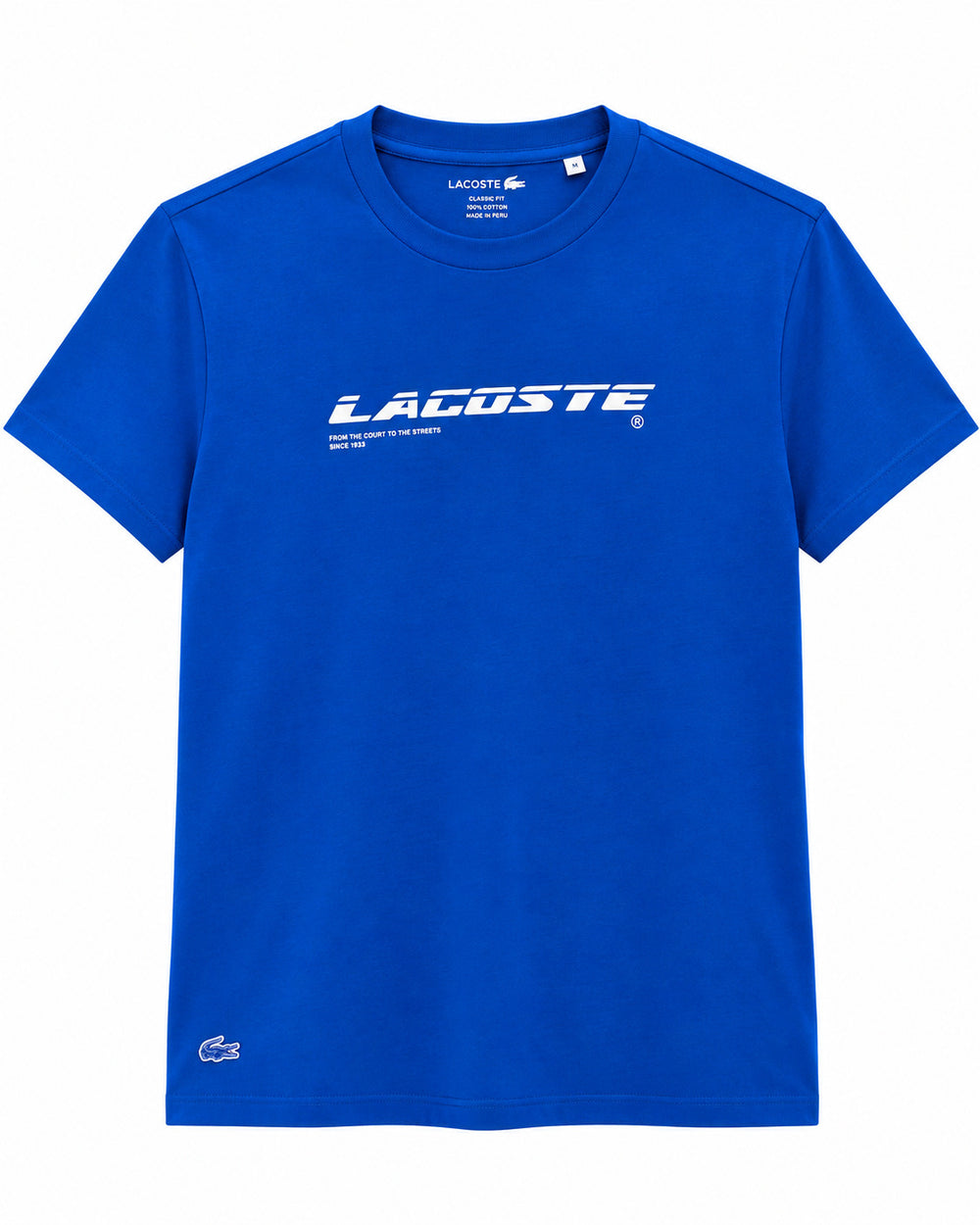 PLAYERA CABALLERO LACOSTE CUELLO REDONDO AZUL REY LOGOTIPO BLANCO TH968551K1Q L