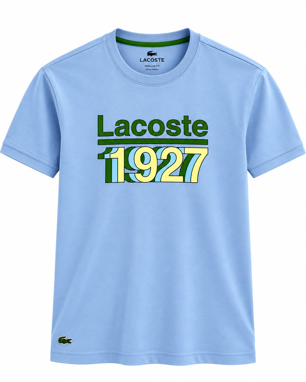PLAYERA CABALLERO LACOSTE CUELLO REDONDO AZUL CIELO LOGO VERDE TH738651 G5J L