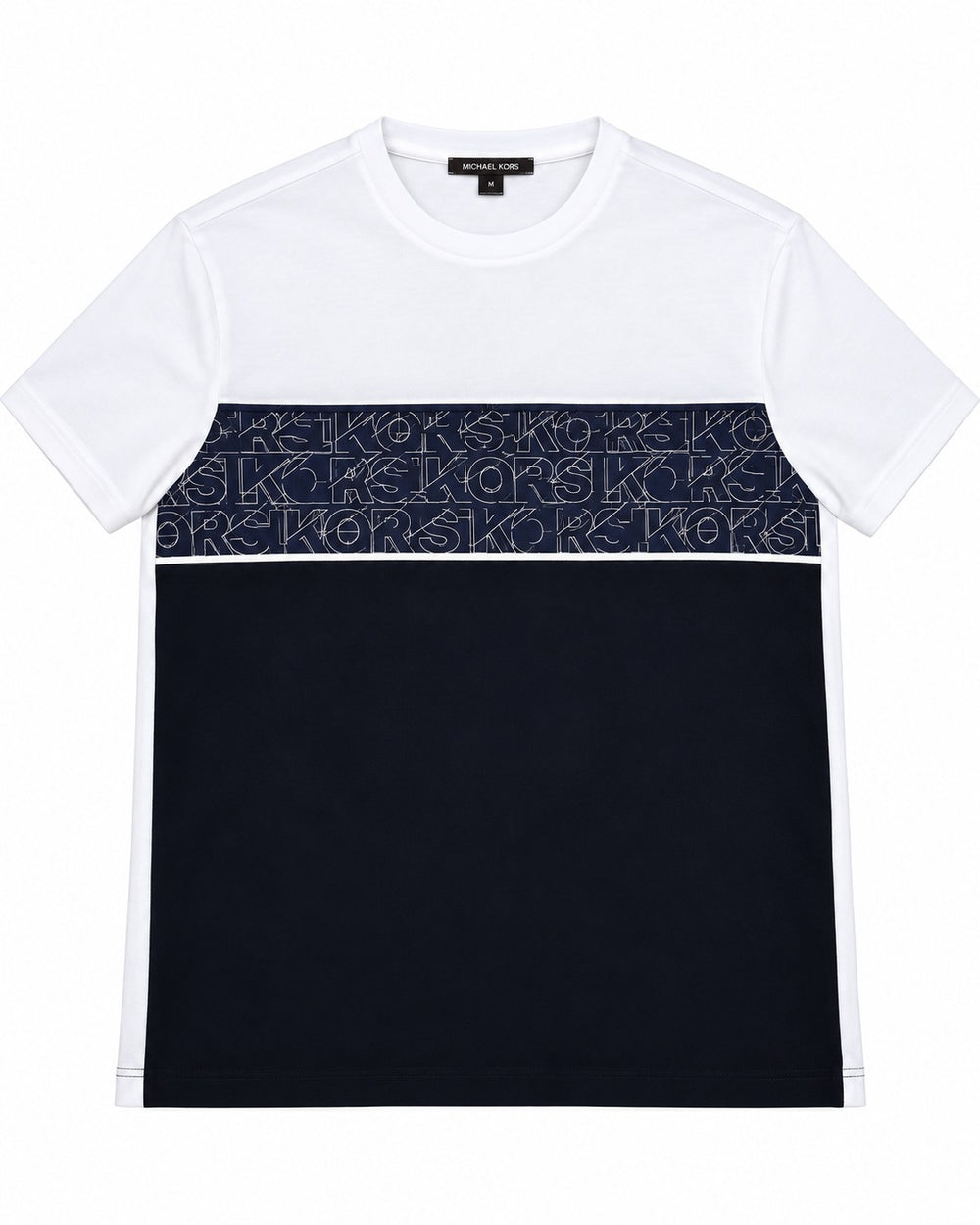 PLAYERA CABALLERO MK CUELLO REDONDO BLANCA CON NEGRA LETRAS AZUL KS452ANFG3 M