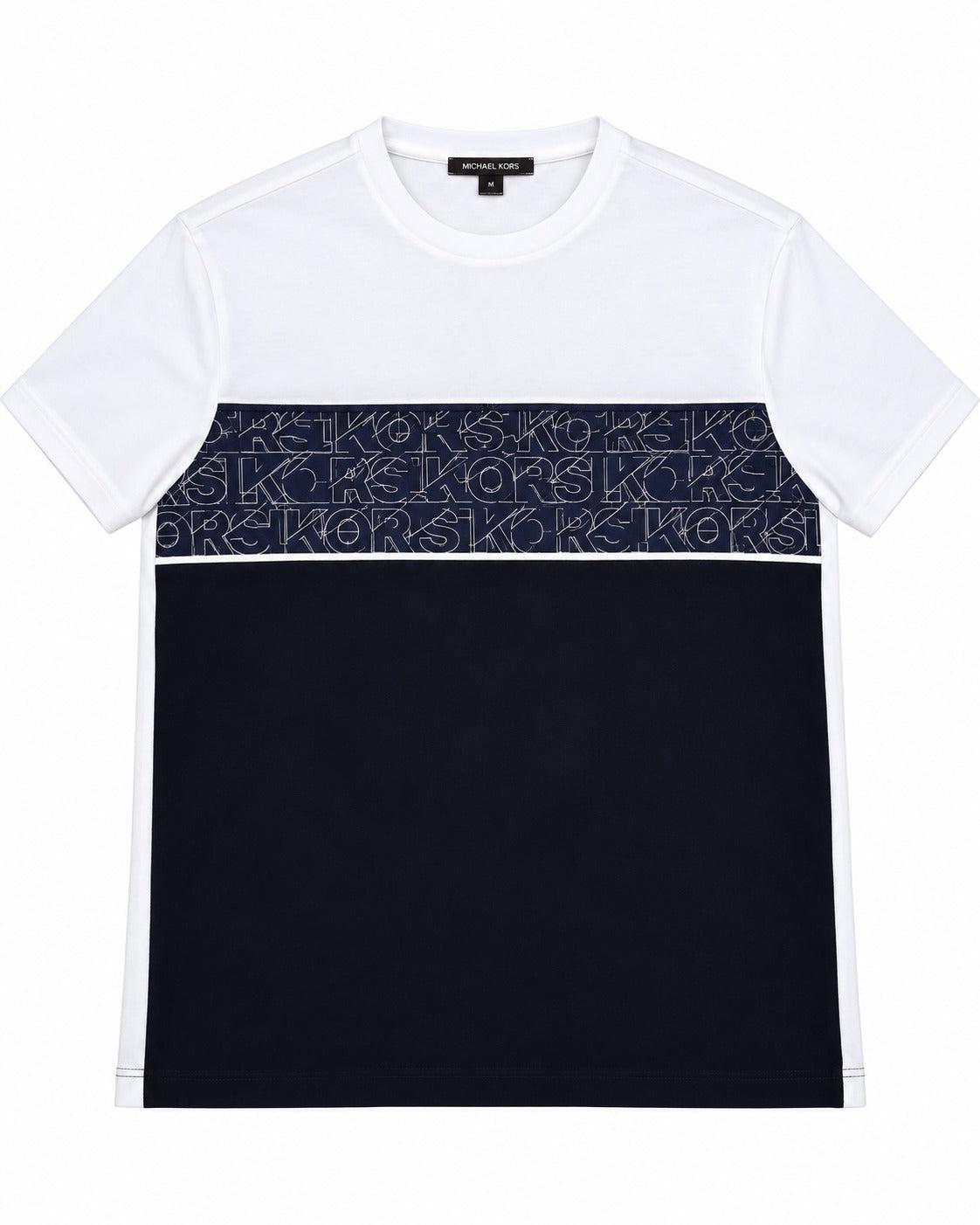 PLAYERA CABALLERO MK CUELLO REDONDO BLANCA CON NEGRA LETRAS AZUL KS452ANFG3 M