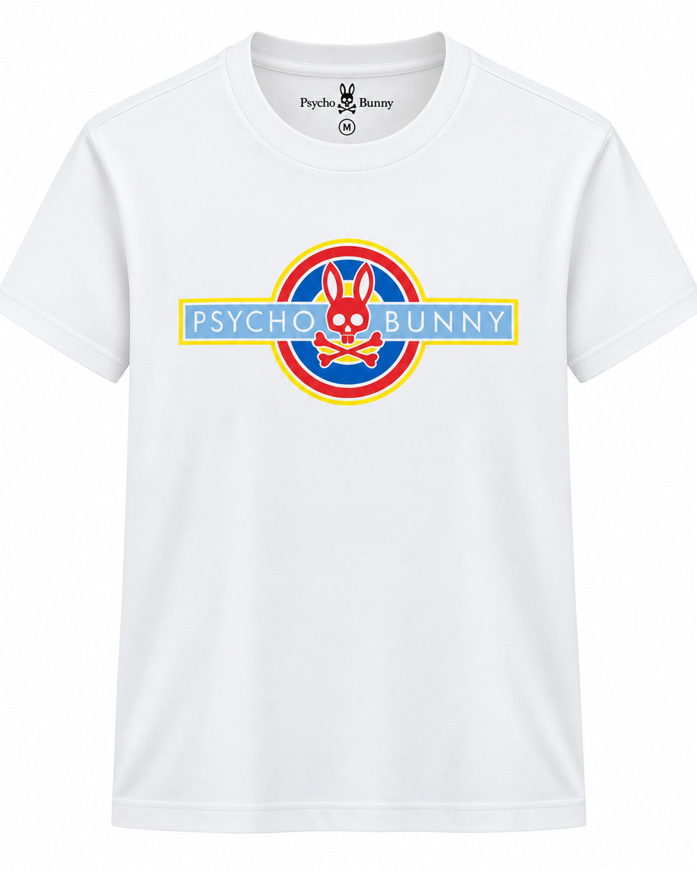 PLAYERA CABALLERO PSYCHO BUNNY CUELLO REDONDO BLANCA LOGO ROJO,AZUL Y AMARILLO