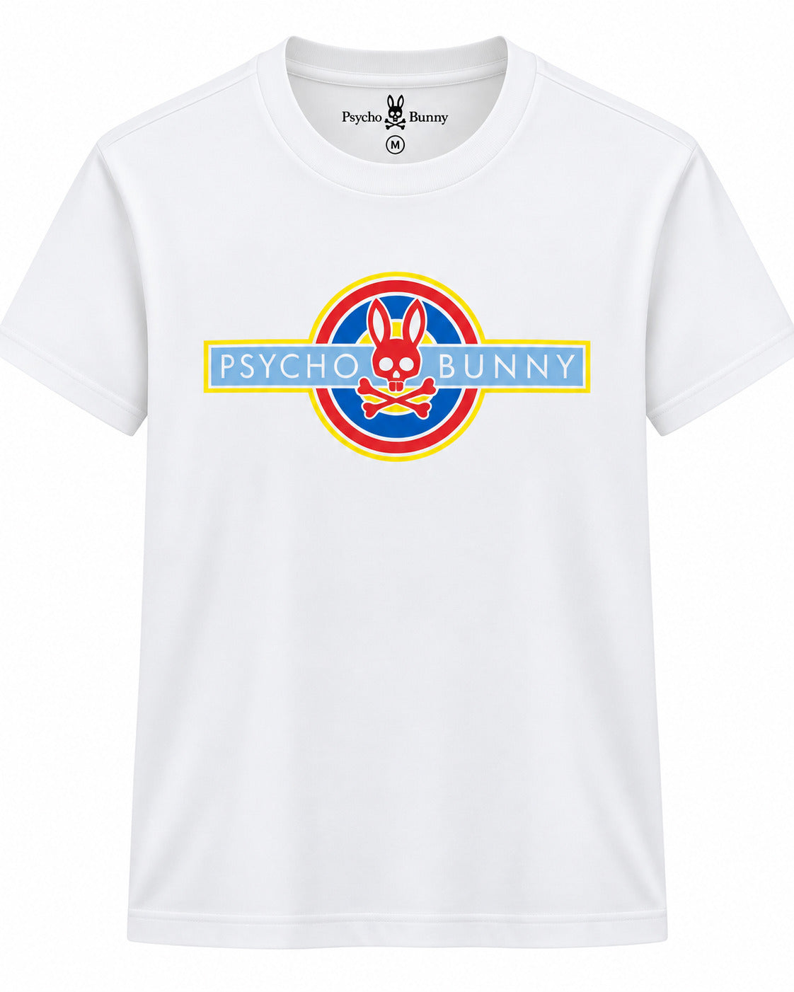 PLAYERA CABALLERO PSYCHO BUNNY CUELLO REDONDO BLANCA LOGO ROJO,AZUL Y AMARILLO