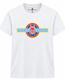 PLAYERA CABALLERO PSYCHO BUNNY CUELLO REDONDO BLANCA LOGO ROJO,AZUL Y AMARILLO