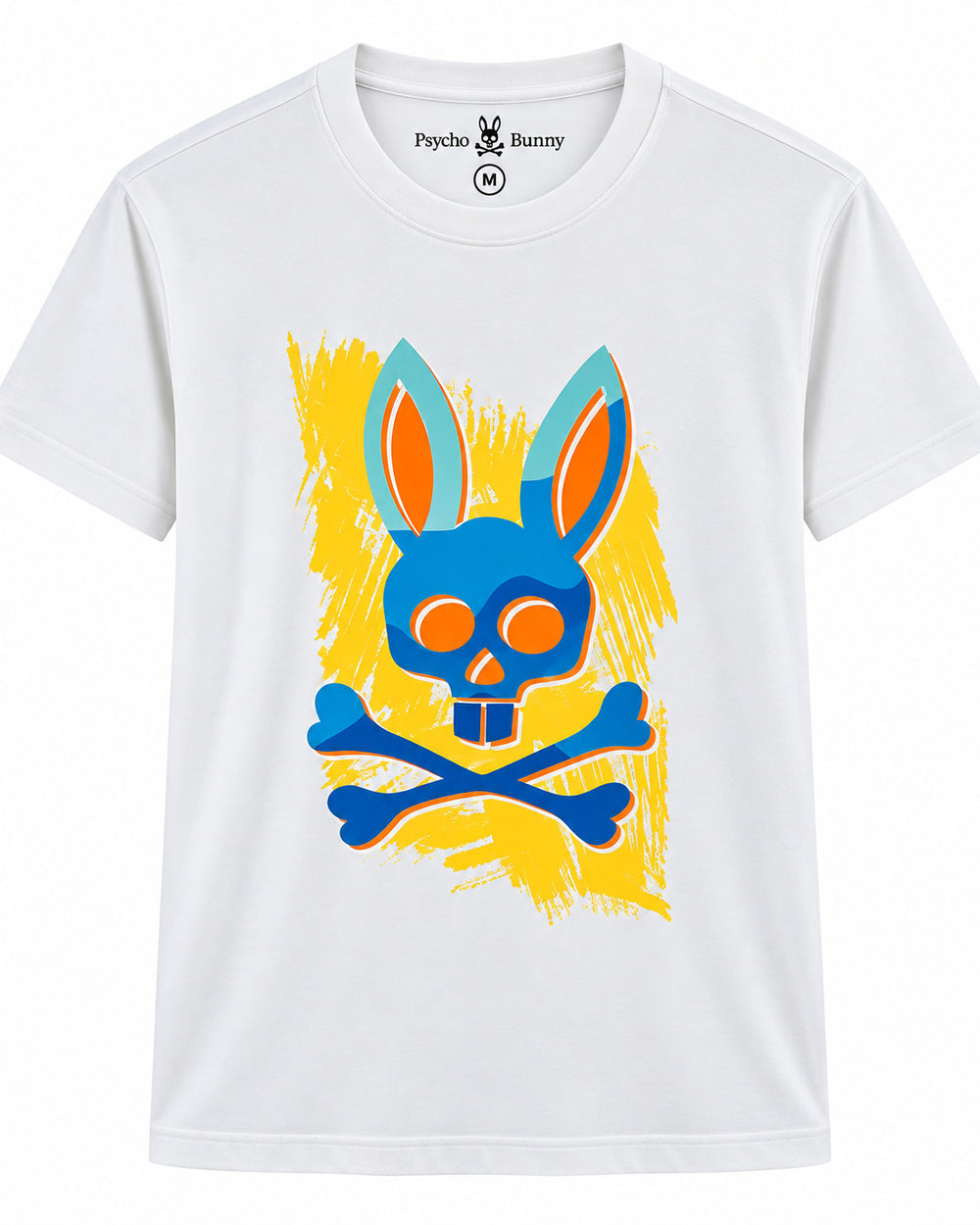 PLAYERA CABALLERO PSYCHO BUNNY CUELLO REDONDO BLANCA LOGO AZUL, NARANJA Y AMARILLO 8