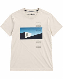 PLAYERA CABALLERO PSYCHO BUNNY CUELLO REDONDO BEIGE CON CUADRO AZUL CLARO Y NEGRO