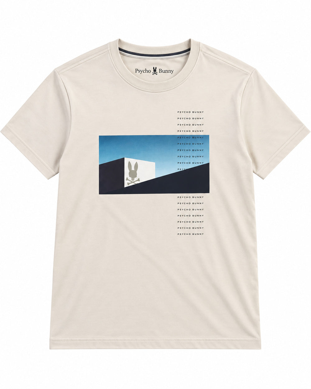 PLAYERA CABALLERO PSYCHO BUNNY CUELLO REDONDO BEIGE CON CUADRO AZUL CLARO Y NEGRO