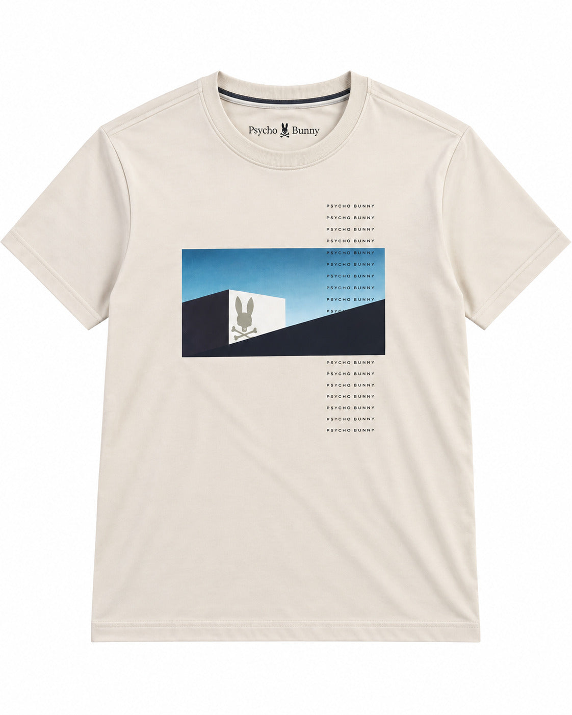 PLAYERA CABALLERO PSYCHO BUNNY CUELLO REDONDO BEIGE CON CUADRO AZUL CLARO Y NEGRO