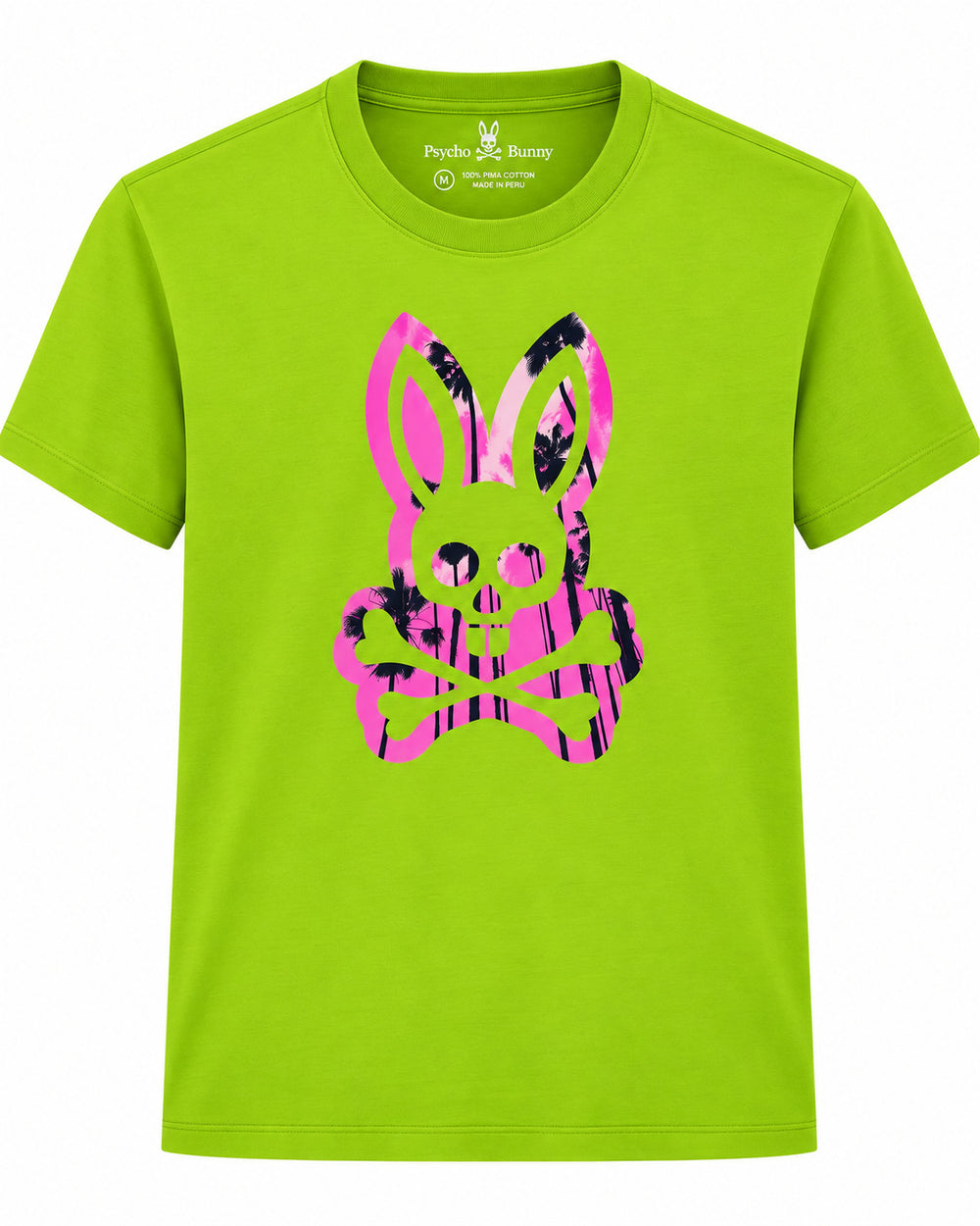 PLAYERA CABALLERO PSYCHO BUNNY CUELLO REDONDO VERDE VIVO LOGO ROSA 5