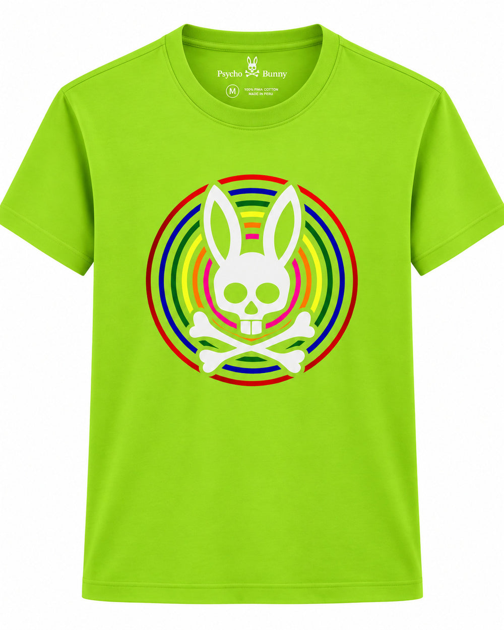 PLAYERA CABALLERO PSYCHO BUNNY CUELLO REDONDO VERDE FOSFORESENTE CIRCULO COLORES VIVO 5