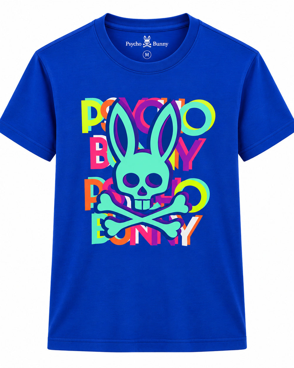 PLAYERA CABALLERO PSYCHO BUNNY CUELLO REDONDO AZUL LOGO COLORES FOSFORESENTES 4