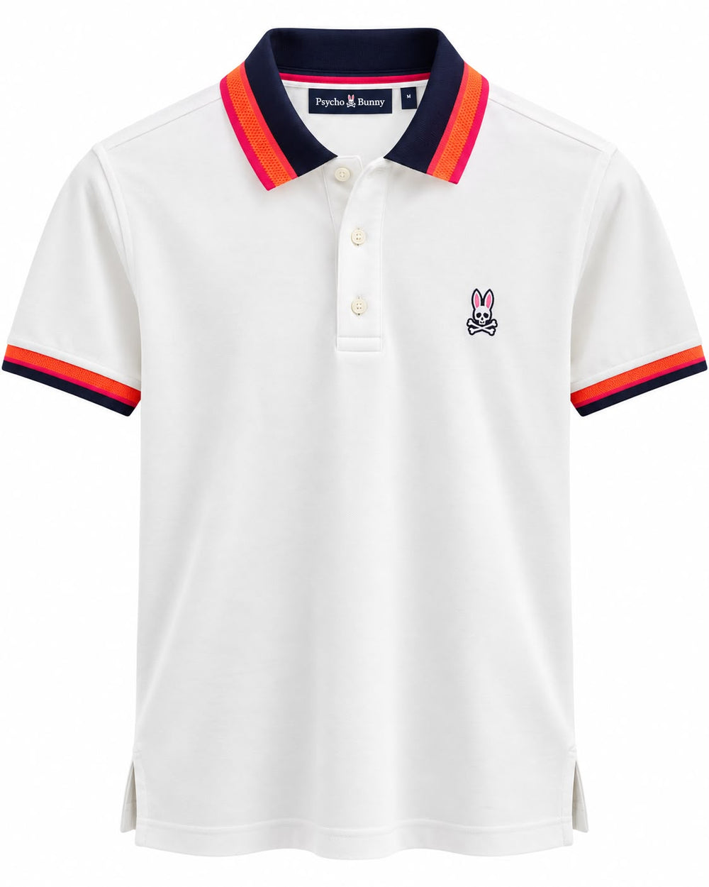 PLAYERA CABALLERO PSYCHO BUNNY T POLO BLANCA FRANJAS NARANJAS CUELLO 6