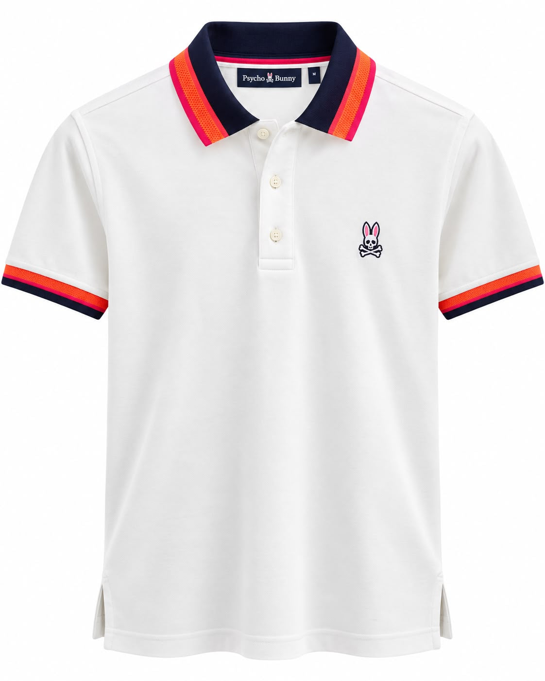 PLAYERA CABALLERO PSYCHO BUNNY T POLO BLANCA FRANJAS NARANJAS CUELLO 6