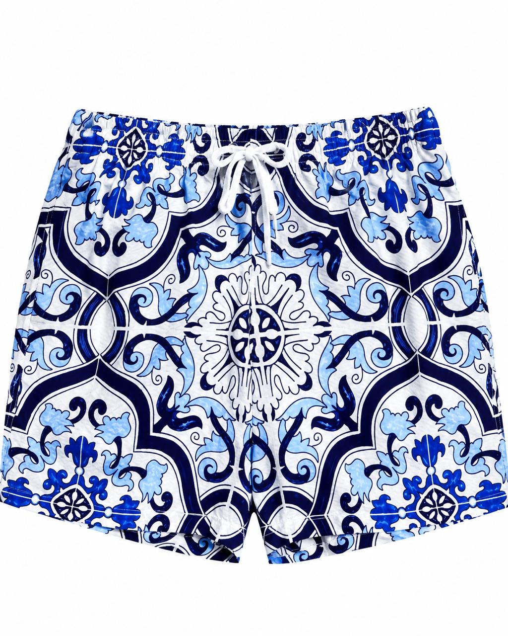 SHORT DE BAÑO YOUNGLA BLANCO CON AZULES MANDALAS