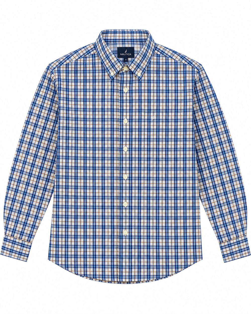 CAMISA BROOK BROTHERS REGULAR NON IRON BLANCA CUADROS GRANDES AZULES FRANJA ROJA