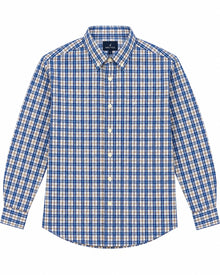 CAMISA BROOK BROTHERS REGULAR NON IRON BLANCA CUADROS GRANDES AZULES FRANJA ROJA