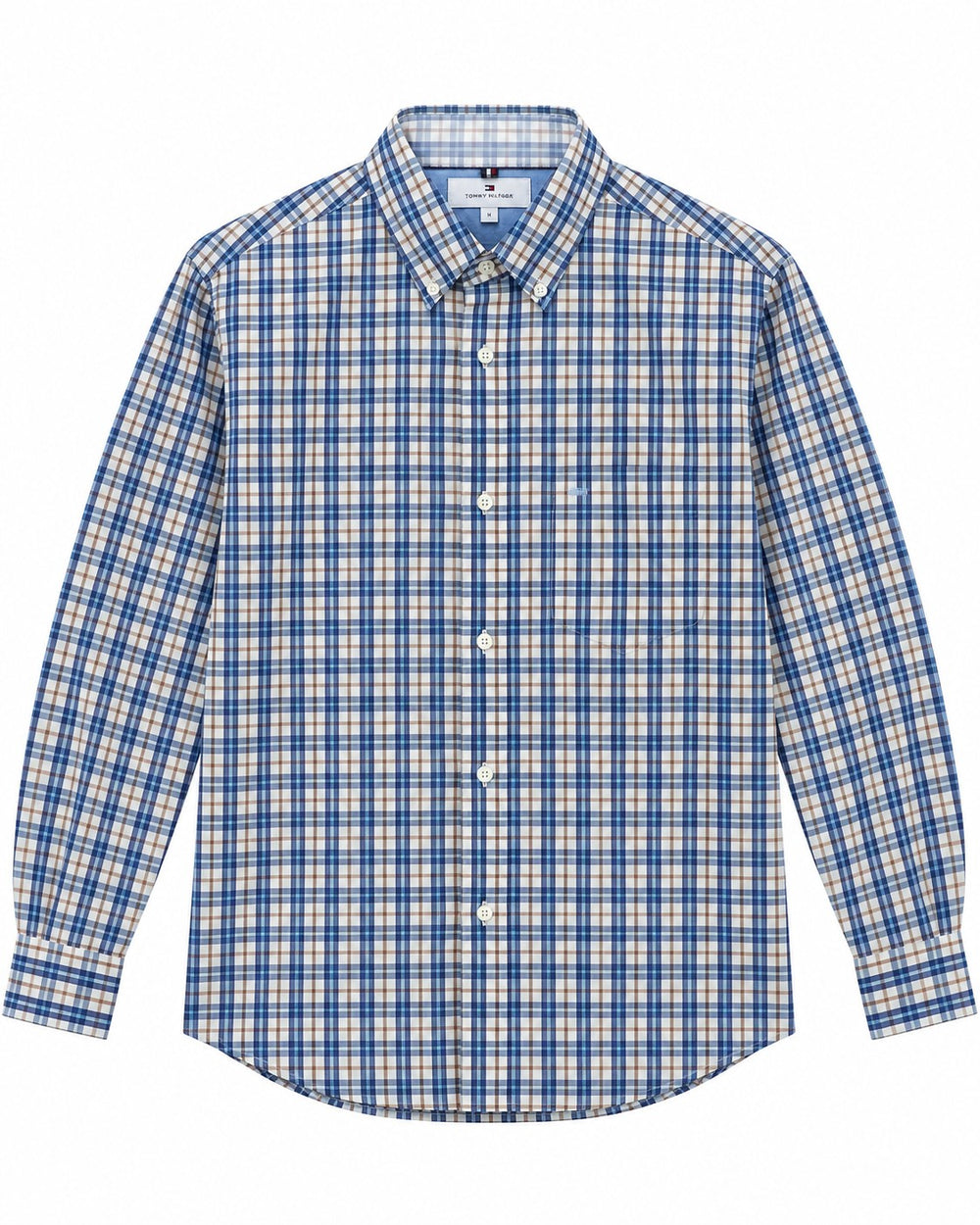 CAMISA BROOK BROTHERS REGULAR NON IRON BLANCA CUADROS GRANDES AZULES FRANJA ROJA M